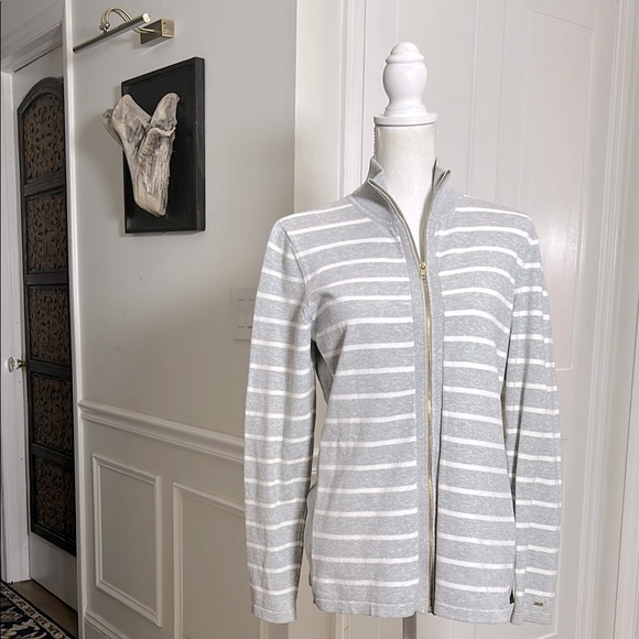 Tommy Hilfiger Womens Zip Jacket L Gray White Striped Cotton Coastal Preppy - Picture 2 of 8